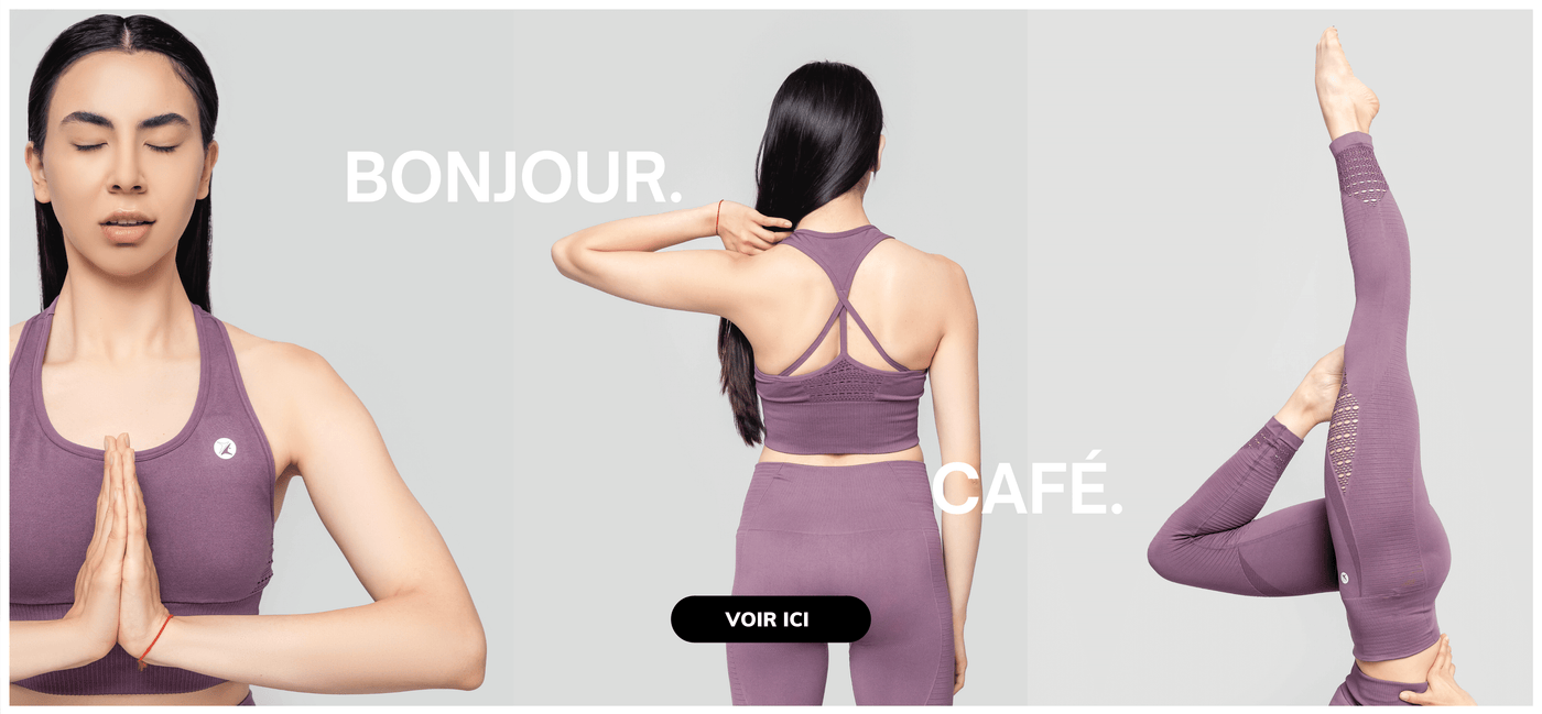 une femme portant des vêtements de yoga mauve avec le texte suivant en blanc sur l'image: bonjour cafe