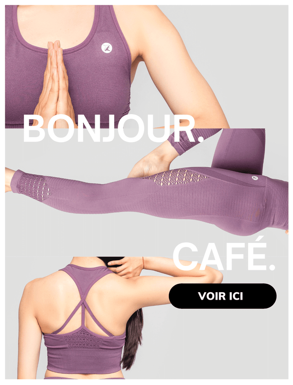 une femme portant des vêtements de yoga mauve avec le texte suivant en blanc sur l'image: bonjour cafe