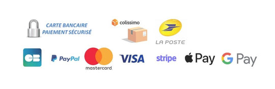 une image mettant en vedette une collection de logos et d'images: carte bancaire paiement securise, colissimo, la poste, cartes bancaires (cb), paypal, mastercard, visa, stripe, pays apple, google pay